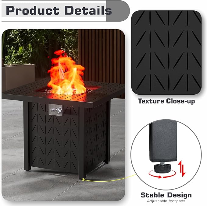 28'' Propane Fire Pit Table, 2 in 1 Rectangular Outdoor Fireplace, Outside Patio Deck and Garden, Gas Fire Pit Table with Lid and Stone, 50,000 BTU Adjustable Flame