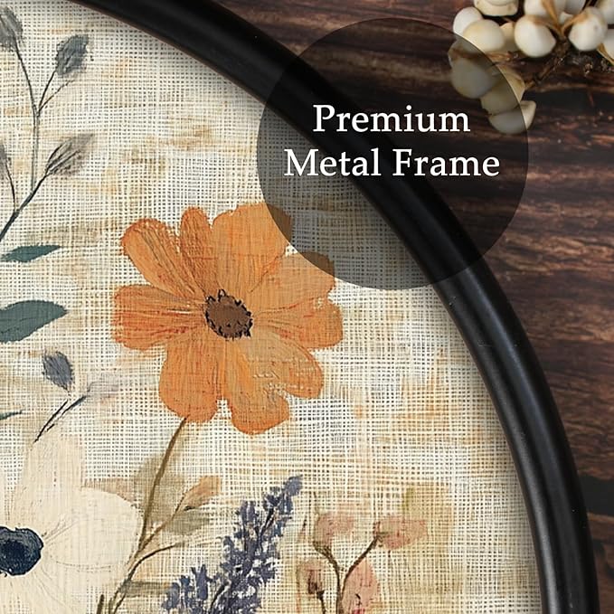 XIAOAIKA Round Vintage Wall Hanging Decor, Printed Textured Surface with Wood Back, Wildflower Design, Black Metal Frame, Ready to Hang for Living Room Bedroom, 10 Inch