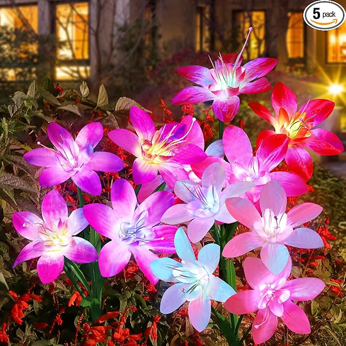Aukora Solar Garden Lights Outdoor 5 Pack, 5 Colors Lily Flowers & 7-Color Changing Slide Beads Waterproof for Outside Pathway Patio Yard Decorations ＆ Mother's Day Gift, Red Yellow Blue White Purple