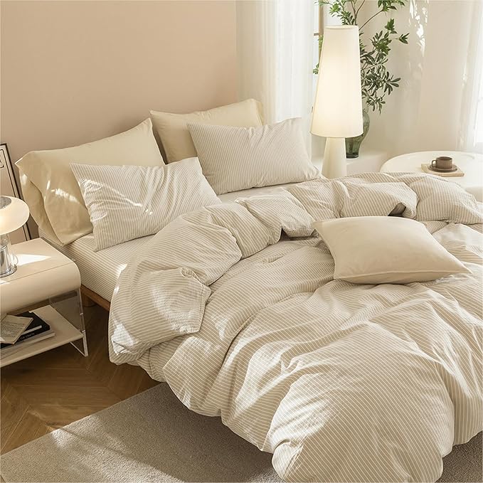 JIYUAN 100% Washed Cotton Striped Duvet Cover Set 3 Pieces Queen, 1 Duvet Cover and 2 Pillowcases(Comforter Not Included),Linen Like Bedding Set Comfy and Breathable,Pinstripes-Heathered Beige White