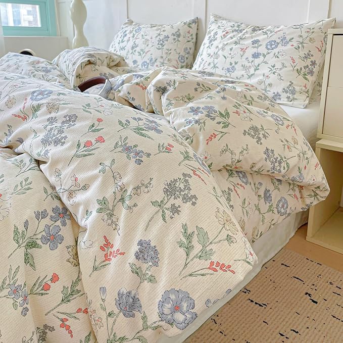 EAVD Vintage Style Floral Duvet Cover Queen Soft 100% Cotton Chic Shabby Garden Floral Bedding Set with 2 Pillowcases Fresh Cottagecore Botanical Comforter Cover with Zipper Closure