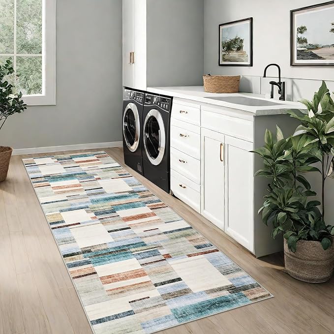 Washable Runner 2x6 Non Slip Kitchen Rugs Modern Geometric Hallway Rug Indoor Entryway Rug Farmhouse Soft Bath Mat Stain Resistant Carpet for Bedroom Laundry 2'x6' Multi