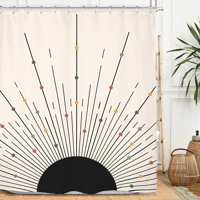 Miyotaa Black Sun Shower Curtain Set 60Wx71H Inches Abstract Minimalist Modern Sunrise Sunset Aesthetic Sunburst Waterproof Bathroom Curtain with 12 Hooks