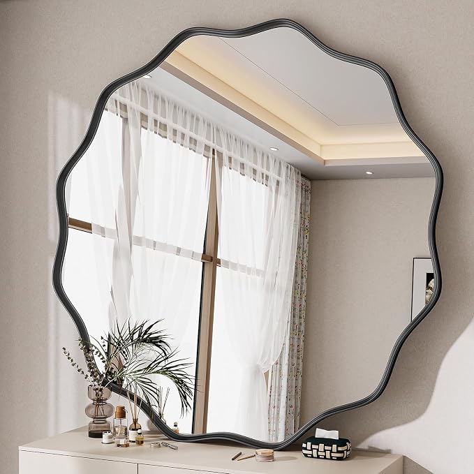 Wavy Round Mirror, 42 Inch Large Metal Frame Circle Mirror, Wall Mounted for Bathroom, Vanity, Entryway, Living Room, Black