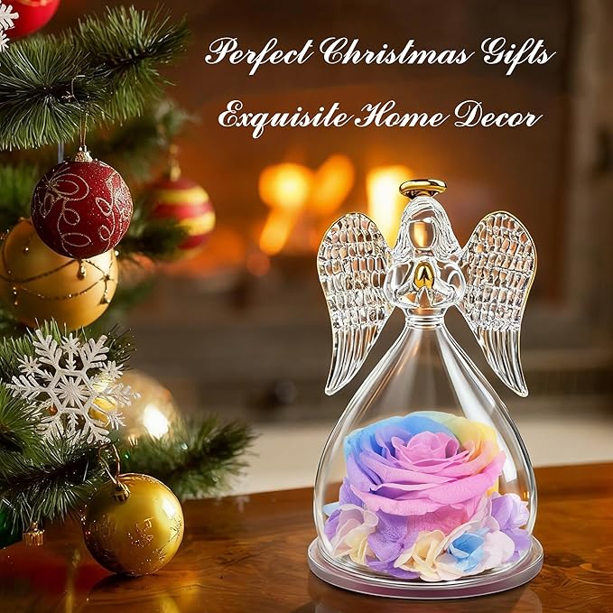 Sunia Preserved Flower Rose Gift for Women - Mother's Day Birthday Gifts for Mom Wife Grandma, Glass Angel Figurines Forever Real Roses Gifts for Her Valentine Day Thanksgiving﻿ (Rainbow)