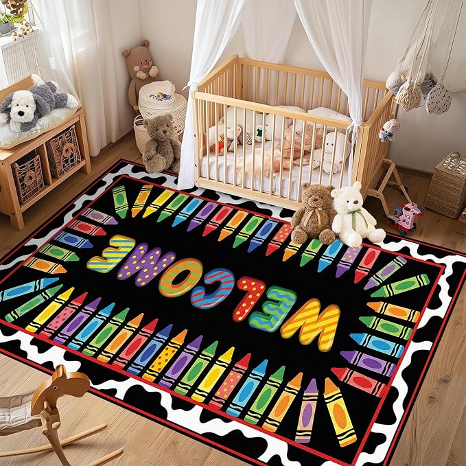 Welcome Crayon Area Rug 3'x5' Colorful Alphabet Rugs for Entryway Bedroom Living Room Nursery Playroom Classroom Home Decor Non-Slip Washable Carpet Kids Floor Mat