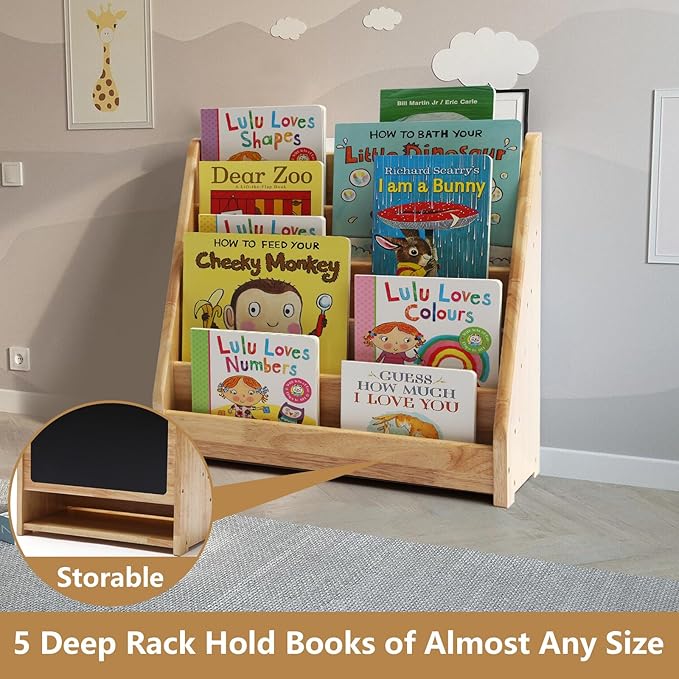 Montessori Bookshelf for Toddler 1-5 Years, Kids Wooden 5-Tier Front Facing Book Display Shelf with Chalkboard for Bedroom,Playroom,Classroom,Book Rack Organizer, Natural