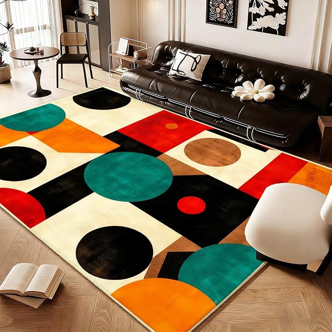 Geometric Rug, Mid Century Modern Rug, Abstract Colorful Geometric Rugs, Washable Non-Slip Soft Low Pile Vintage Abstract Carpet for Living Room, Bedroom (10' x 17'(Rectangular))