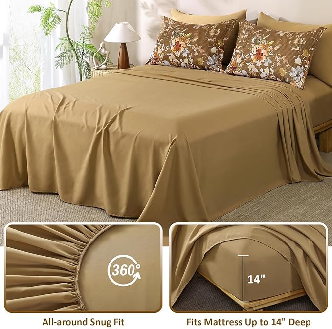 Dobuyly Fall King Size Comforter Set, 7 Pieces Brown Floral Comforter Set, Bed in a Bag King with Botanical Flowers Pattern, Farmhouse Bedding Set with Sheets, Pillowcases & Shams