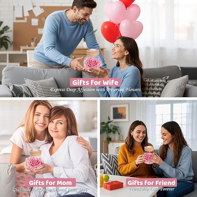 Christmas Birthday Gifts for Women Mom Preserved Rose Eternal Forever Flower in Glass Wishing Bottle with Colorful LED Light Flowers for Delivery Prime for Grandma Wife Sister Friend from Daughter