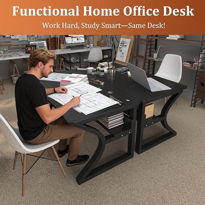 AZN Computer Desk, 47'' Computer Desk, Home Office Desks w/Storage, Home Office Desks w/U-Size Metal Frame for Home Office Bedroom, Study Writing Work Table w/Water-Resistant, Scratchproof Surface