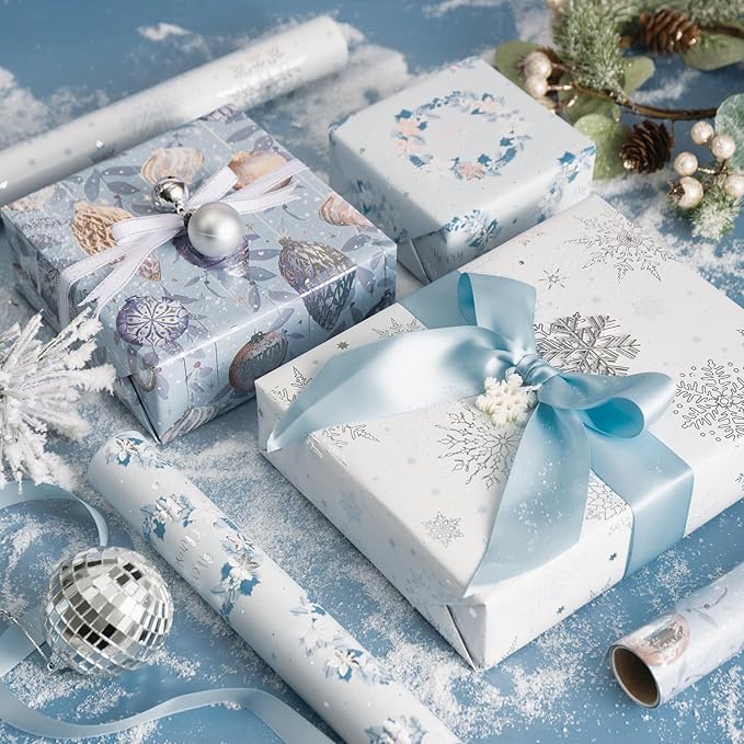LeZakaa Blue Christmas Wrapping Paper Mini Roll, Silver Blue Winter Ornaments, Floral Wreath, Snowflake Holiday Gift Wrap, Arts Craft, for Xmas Winter Party Men Women, 17 x 120 inches, 3 Rolls