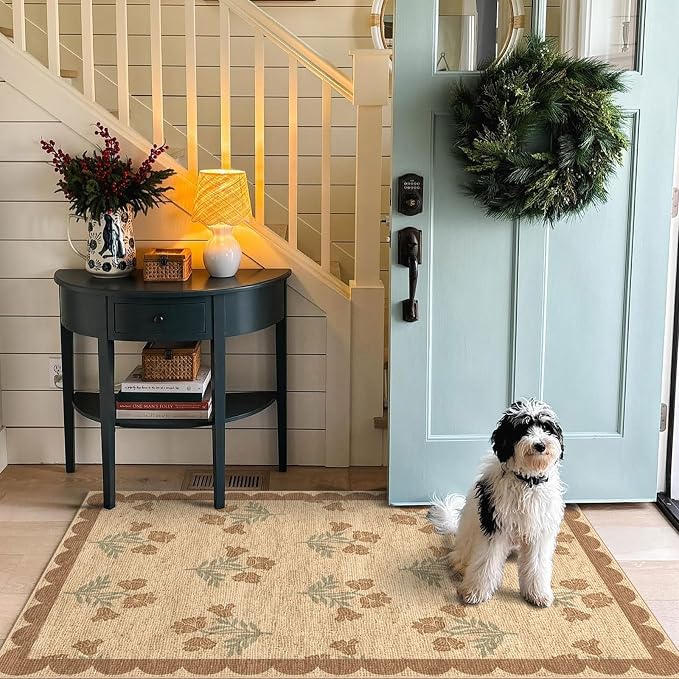 3x5 Floral Entry Rug - Small Washable Indoor Outdoor Mats for Front Door Non-Slip Jute-Look Porch Rug Boho Tan Scalloped Throw Rugs for Living Room Bedroom Entryway Kitchen Office Porch Decor
