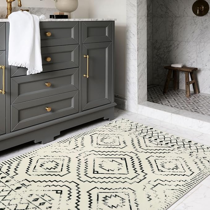 Wonnitar Moroccan 3x5 Area Rug, Washable White Non-Slip Entry Rug, Farmhouse Rustic Small Living Room Rug Tribal Non-Shedding Throw Mat Indoor Floor Carpet for Kitchen Bedroom Mud Room (Beige,3'x5')