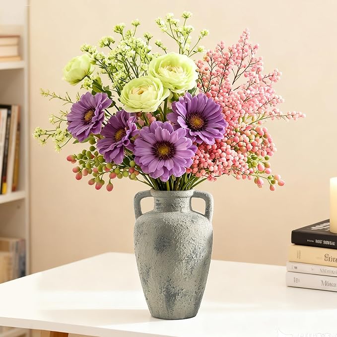 Large Vase with Handle - Ceramic Rustic Vase, 11.41 inch Tall Terracotta Flower Vase with 2 Handles, Decorative Vases for Home Decor, Dining Table, Living Room, Kitchen, Office