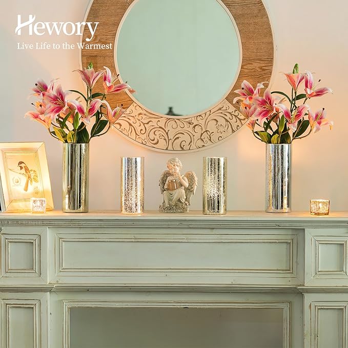 Glass Cylinder Vases Set of 2, Hewory Glittery Gold Vase for Centerpieces, Glass Hurricane Candle Holders for Pillar Floating Candle, Tall Round Vase for Wedding Anniversary Events Home Table Decor