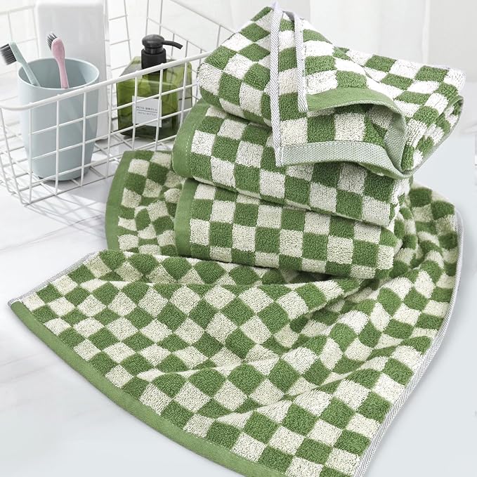 Jacquotha Green Hand Towels for Bathroom Set of 4 - Cute Checkered Bathroom Towels for Kitchen Decor, Lightweight for Bath Face Body