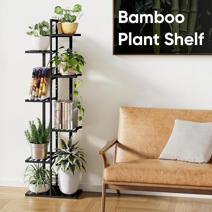 ROSSNY 55 Inch Tall Plant Stand Indoor, 7 Tier 8 Potted Bamboo Plant Stands for Indoor Plants, Corner Plant Stand, Tiered Plant Stands, Plant Shelf For Indoor, Planter Holder for Multiple Plants Indoor, Black