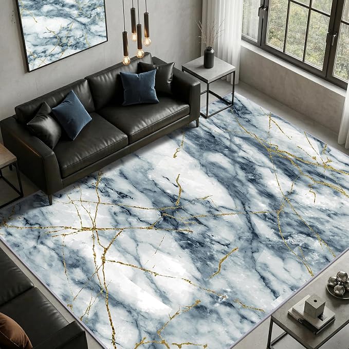 Merelax 6x9 Area Rugs for Living Room - Washable Non-Slip Abstract Blue Rug, Indoor Floor Carpet Low Pile Soft Rug for Bedroom Dining Room, Mudroom, Modern Aesthetic Decor, Blue/Gold