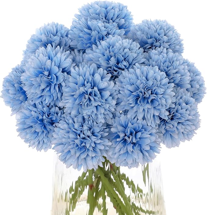 Kimura's Cabin 20Pcs Blue Fake Flowers Chrysanthemum Artificial Silk Ball Flower Faux Mums Flowers for Wedding Arrangements Bouquets Home Table Core DIY Decoration (Blue)