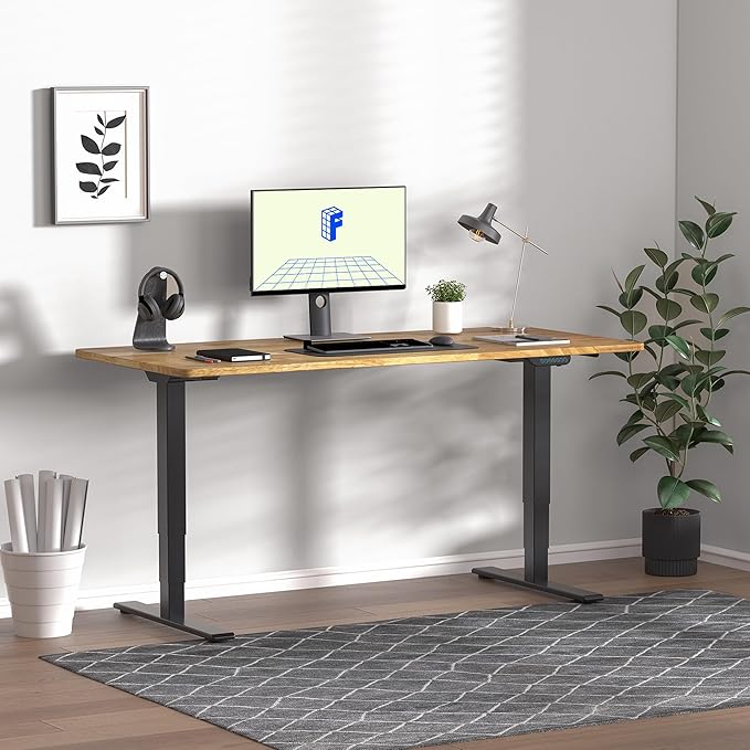FLEXISPOT E6 MAX Rubber Wood Dual Motor 3 Stages Standing Desk 63x24 Inch Whole-Piece Board Electric Height Adjustable Stand Up Desk 150KG Load Capacity(Black Frame + Rubber Wood Desktop)