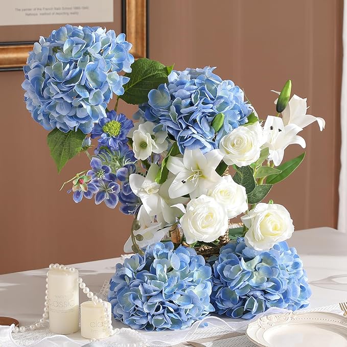 4Pcs Hydrangea Artificial Flowers, 22.44" Real Touch Latex Faux Hydrangea with Long Stems & Leaves for Home Office Decor or Wedding, Party, Centerpieces, Floral Arrangements (Blue)