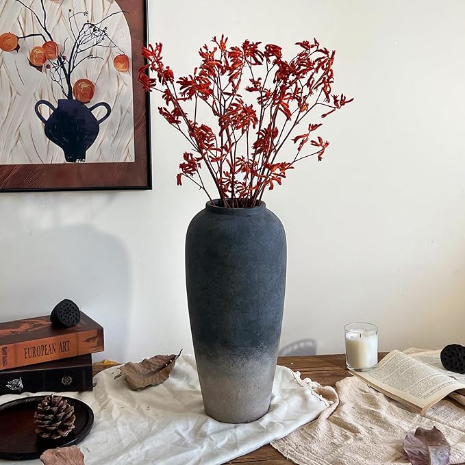 15 Inch Rustic Ceramic Vase, Black Flower Vase for Centerpieces, Farmhouse Decor for Living Room, Entryway & Kitchen, Vintage Pottery Vases for Wedding Gifts