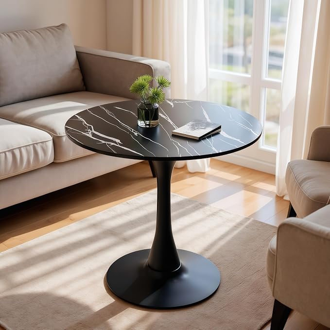 24" Tulip Table for 1-2 Persons Modern Round Dining Table, Mid-Century Modern Black Marble Small Kitchen Table with MDF Wooden Top, Leisure Coffee Table for Living Room, Dining Room, Office