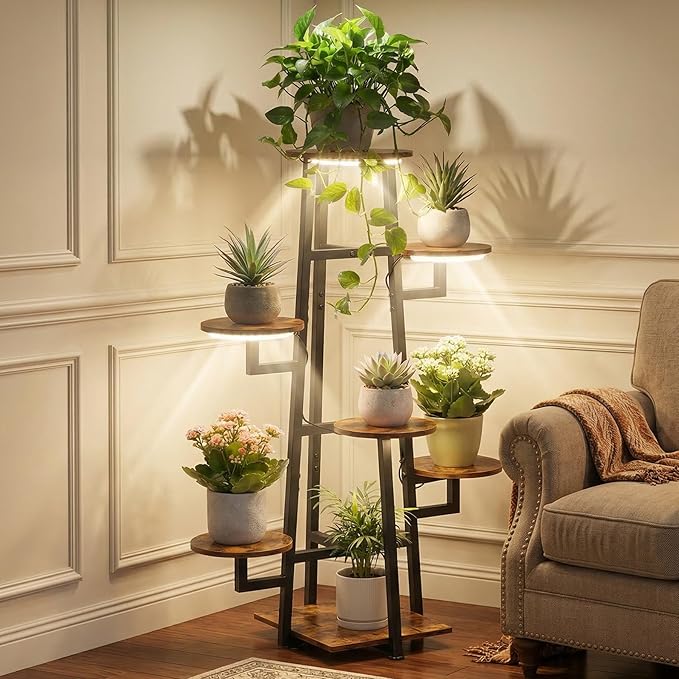 7 Tier Plant Stand Indoor with Grow Light for Multiple Plants | Corner Flower Stand, Vintage Multi-Layer Design, Sturdy Plant Shelf, Space-Saving, Ideal for Living Room Indoor Display