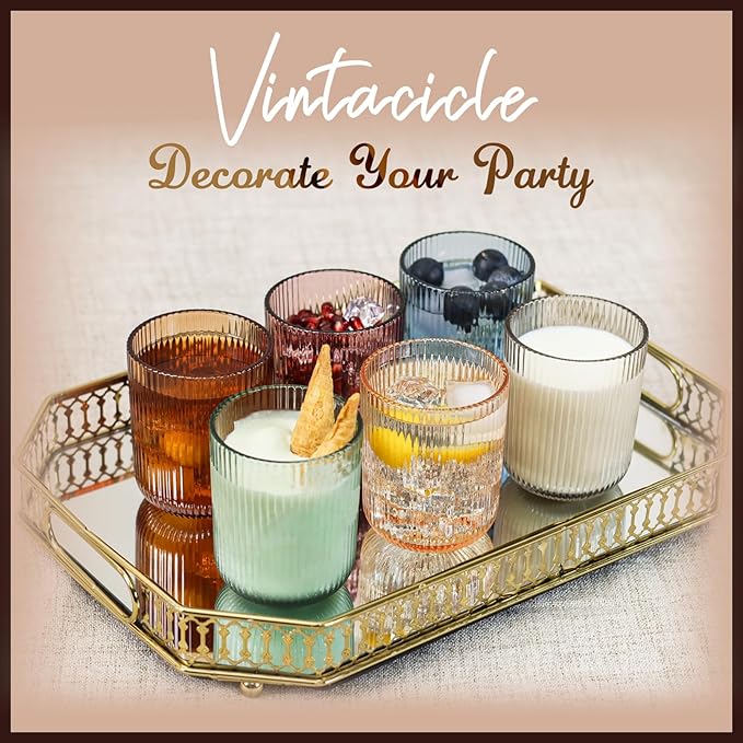 Colored Ribbed Drinking Glasses Set of 6 - 8.5oz,Multicolor Vintage Glassware,Highball Glasses for Juice, Coffee, Cocktails,Colorful Tumbler Glasses Cup Set for Party,Housewarming,Mother's Day