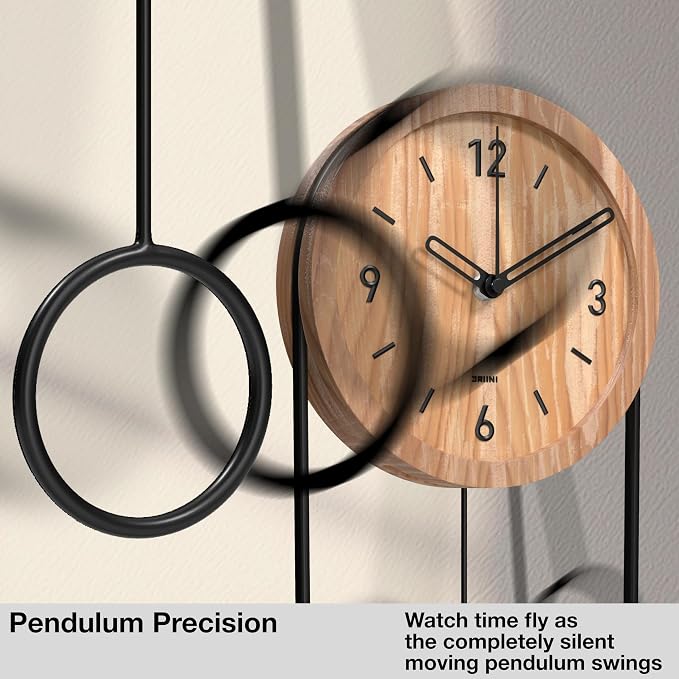 Driini Decorative Wall Clock with Pendulum (Oak) – Modern Wood, 3D Gold Numbers, Metal Frame – Small, Unique Wall Clocks for Living Room Decor or Bathroom - Battery Operated, Silent, Non-Ticking