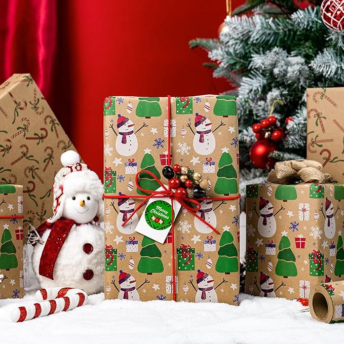 Yarcony Christmas Gift Wrapping Paper Roll, Kraft Snowman Wrapping Paper，Reversible Snowman, Candy Cane & Bow Design Winter Theme Thick Christmas Gift Wrap for Holiday Celebration (17 Inch X 33 Feet)