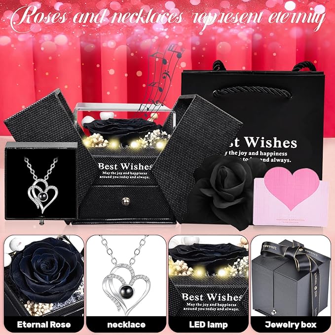 Christmas Birthday Gifts for Women - Preserved Real Rose with I Love You Heart 100-Language Necklace, LED Lights & Music Gift Box, Christmas for Women Girlfriend Mom