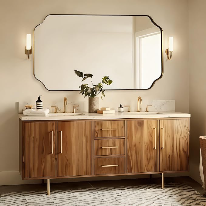 ANDY STAR 30"x55" Large Bathroom Mirror, Gold Scalloped Mirror for Bathroom, Brushed Brass Full Length Wall Mirror with Rust-Proof Stainless Steel Frame, Hangs Vertically or Horizontally