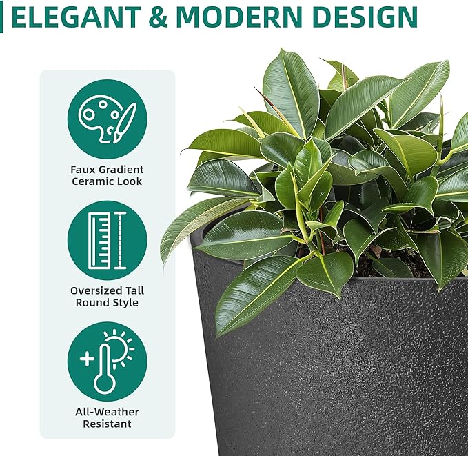 24" Tall Planters Set of 2, High-Density Resin Charcoal Outdoor Pots for Plants, Versatile Indoor/Outdoor Flower Pots w/Drainage Hole for Patio, Garden, Porch & Living Room Decor, Ideal Gift