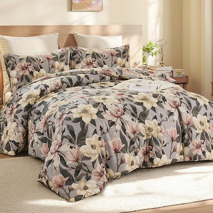 Bedding_Dreamer Floral Comforter Set King, 100% Cotton, Elegant Flowers Botanical Bedding Set Colorful Watercolor Cute Flower and Leaves Shabby Chic Cottage, 3 Pcs