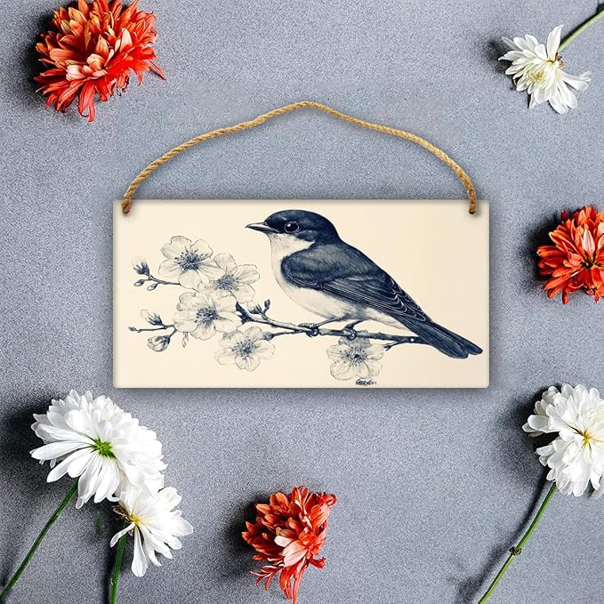 Monochrome Bird Wooden Sign 12x6 Inch - Realistic Decor for Bird Lovers & Traditional Home Designers, Perfect for Nature-Eccentric Rooms & Retro Themed Spaces