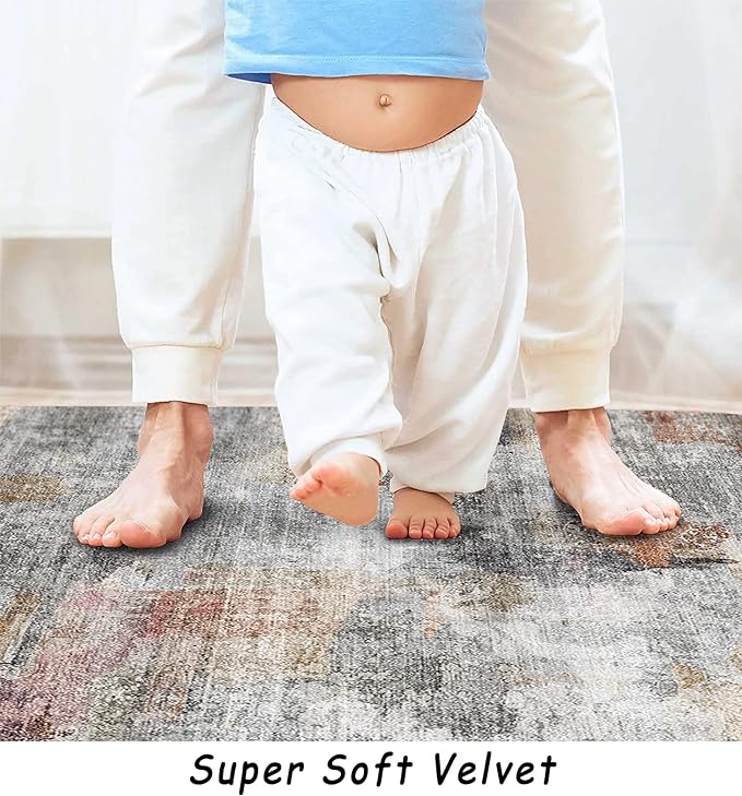 vivorug Washable Rug, Ultra Soft Area Rug 3x5, Non Slip Abstract Small Rug, Stain Resistant Rugs for Living Room Bedroom, Modern Fluffy Style (Gray/Rust, 3'x5')