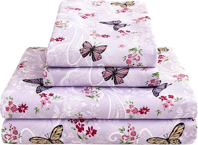 Paisley Floral Bed Sheets Queen Set, Purple Flower Printed Sheets for Queen Size Bed, Microfiber Fitted Sheet with 15" Deep Pocket and Corner Straps, Butterfly Patterned Sheet & Pillowcase Sets