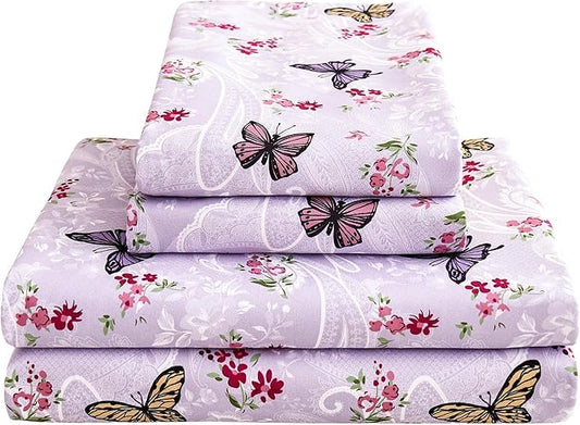 Paisley Floral Bed Sheets Queen Set, Purple Flower Printed Sheets for Queen Size Bed, Microfiber Fitted Sheet with 15" Deep Pocket and Corner Straps, Butterfly Patterned Sheet & Pillowcase Sets