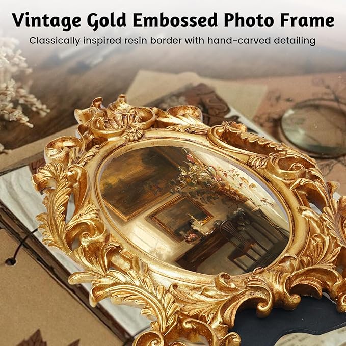Gold Picture Frames, 5x7 Oval Vintage Photo Frame, Classic Carved Resin Picture Frame with Glass Front, Ornate Hand-Crafted Photo Frames for Tabletop or Wall Hanging, Photos Display Frame