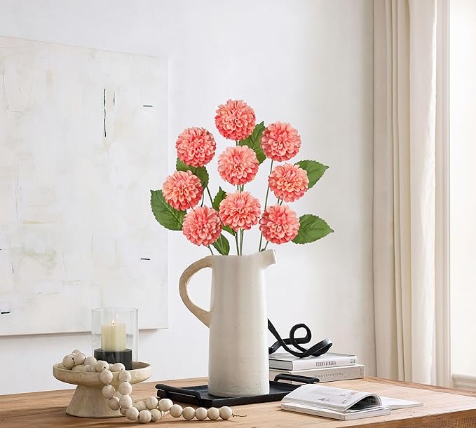 Hollyone 27.6" Pink Artificial Dahlia Flowers 3Pcs Fake Roses Bouquet Ball Dahlia Flower Arrangement Faux Pincushion Flower with 3 Heads Long Stem for Centerpiece Home Decor