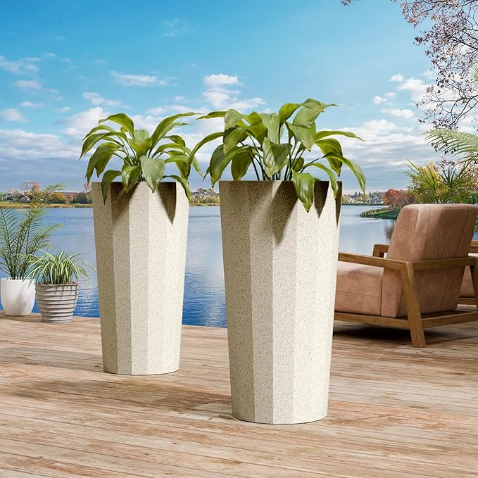 23.6" Tall Outdoor Planters Set of 2, Large Planters for Outdoor Plants for Porch Decor with Drainage Hole, Wide Stripe Design Porch Flower Pots for Indoor Pot Patio/Garden, Off White