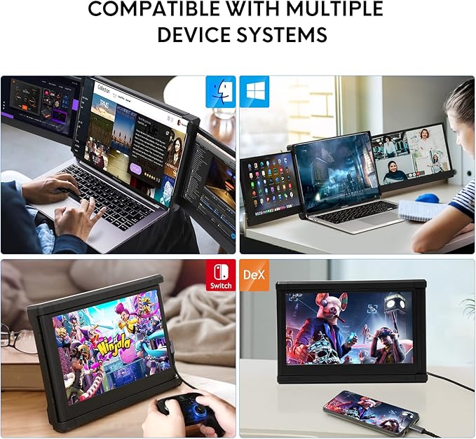 P2 Triple Portable Monitor for Laptop Screen Extender 12 Inch Dual Monitors Extender FHD 1080P IPS Display Type-C/HDMI/USB-A/Speakers for 13-16 Inch Notebook Computer Windows Mac Phone