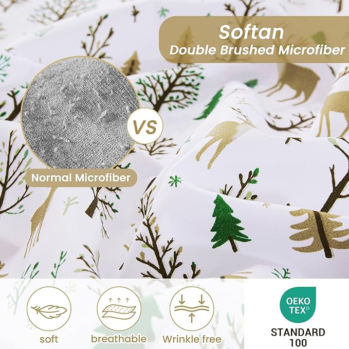 Softan Christmas Holiday Queen Size Sheet Set, Printed Microfiber Fitted Bed Sheet with 15" Deep Pocket & Non-Slip Straps, Forest Deer Patterned Sheets & Pillowcase Set