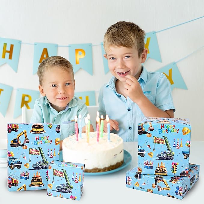 Altarho Reversible Construction Wrapping Paper Roll for Kids Boys - Blue Happy Birthday and Polka Dot Design Gift Wrap Sheets Supply for Baby Shower Party Decoration Total 28.5sq.ft