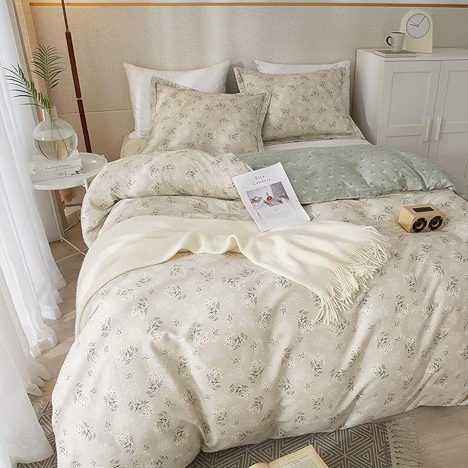LifeTB Boho Floral Duvet Cover Twin XL Cotton Aesthetic Floral Bedding Sets Vintage Garden Floral Comforter Cover Beige Sage Green Floral Botanical Duvet Cover with Zipper Closure 4 Ties