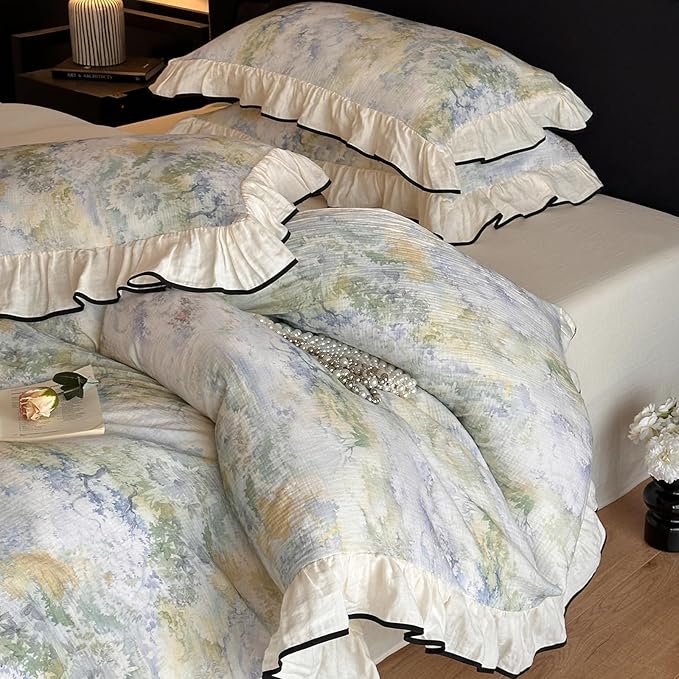 VM VOUGEMARKET Romantic Ruffle Duvet Cover Queen Breathable Muslin Cotton Wash Painting Style Duvet Cover Soft Linen Like Gauze Bedding Set-Queen Size