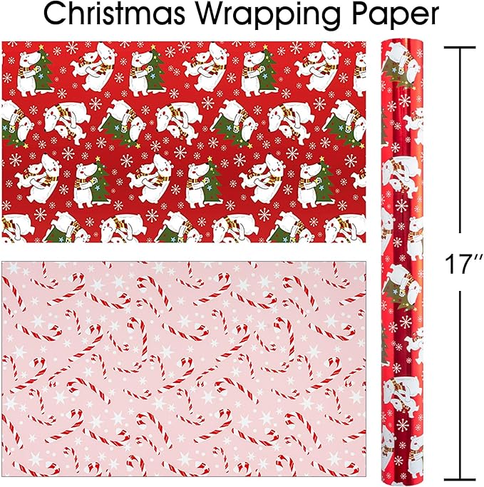 MAYPLUSS Christmas Wrapping Paper Roll - 17IN X 33FT - Red Gift Wrapping Paper Featuring white Polar Bear Christmas Tree Against Red Reversible Candy Cane for Kids, Holiday, New Year