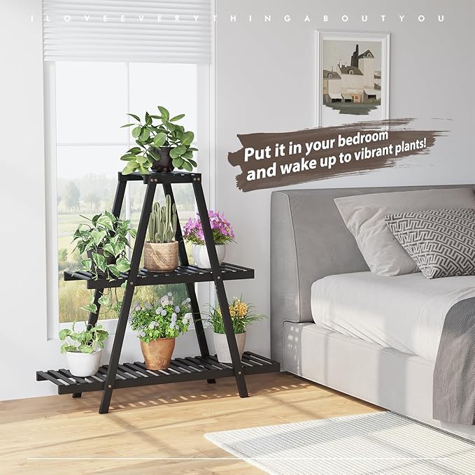STDDRE Plant Stand For Indoor Outdoor Tiered Plant Shelf 3 Tier 8 Potted Bamboo Flower Holder Ladder Rack For Multiple Triangle Table Plant Pot Stand (Black)
